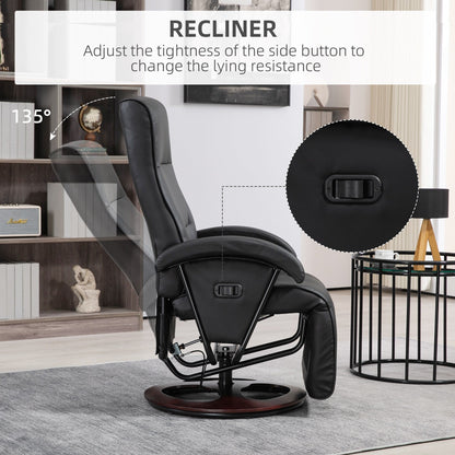 Faux Leather Recliner, 135Â° Adjustable Swivel Lounge Chair with Footrest, Padded Seat & Armrests, and Wood Base for Living Room