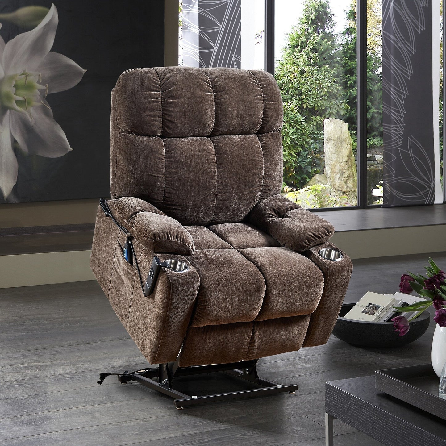 Faux Leather Recliner, Adjustable Swivel Lounge Chair with Footrest, Armrest, and Wrapped Wood Base for Living Room