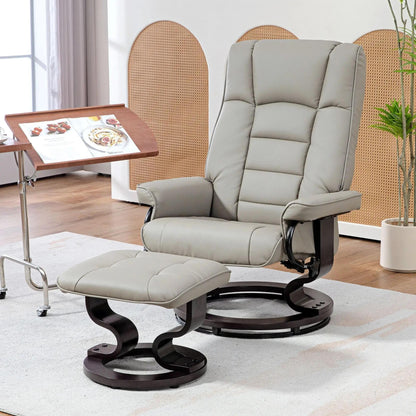 Faux Leather Swivel Recliner with Ottoman and Wood Base