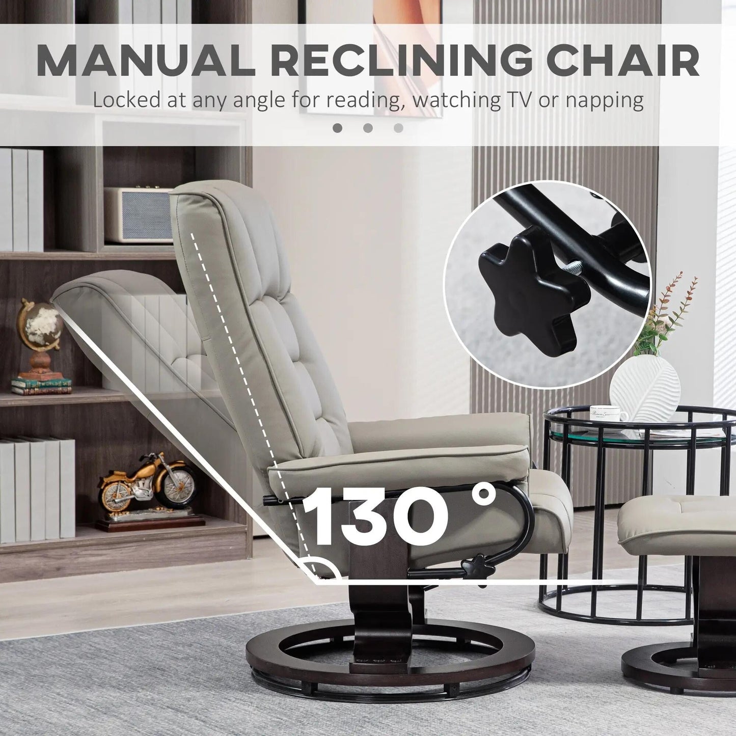 Faux Leather Swivel Recliner with Ottoman and Wood Base