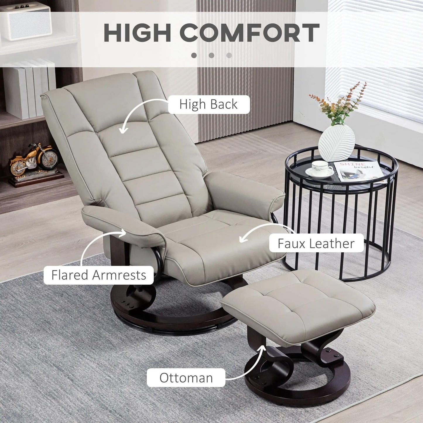 Faux Leather Swivel Recliner with Ottoman and Wood Base
