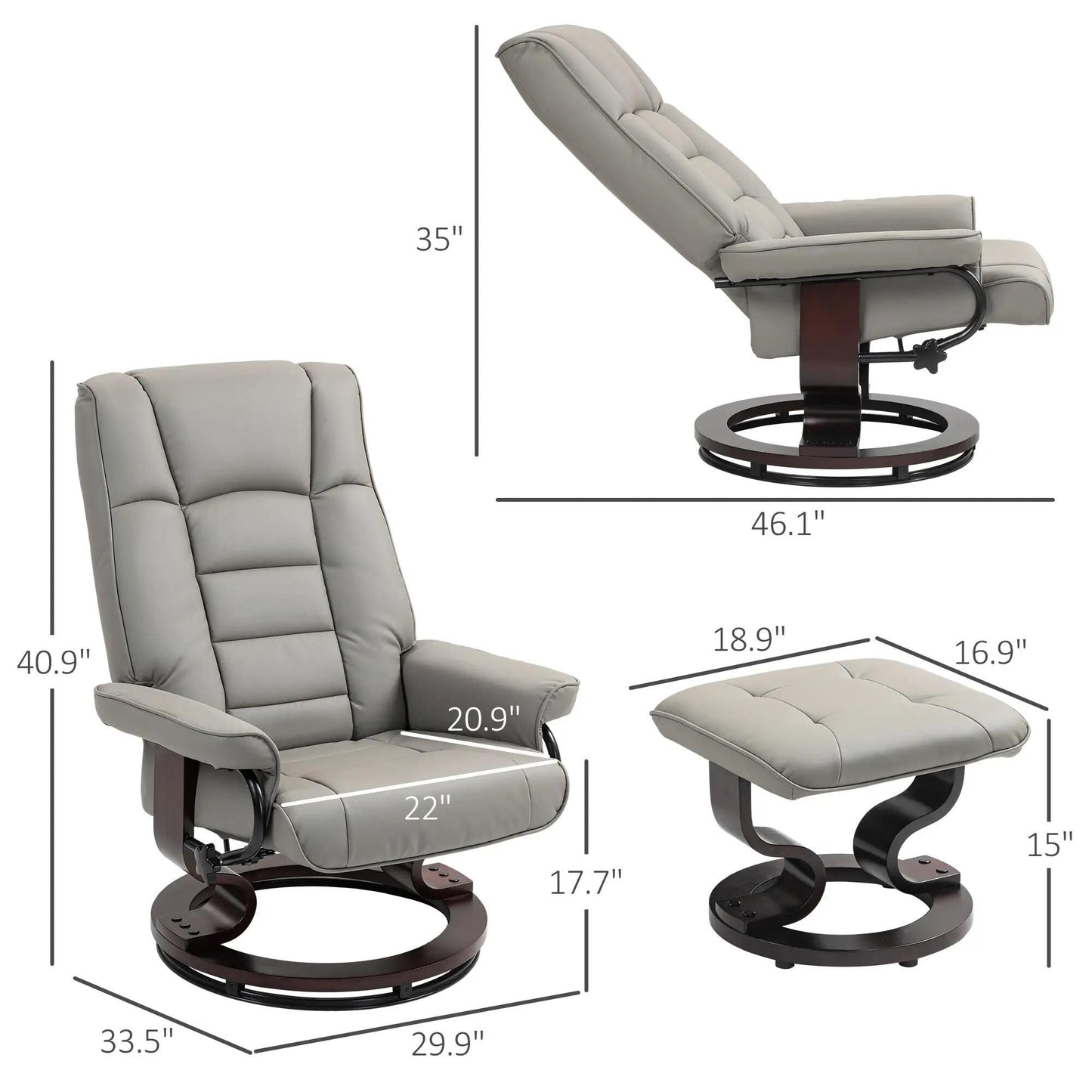 Faux Leather Swivel Recliner with Ottoman and Wood Base