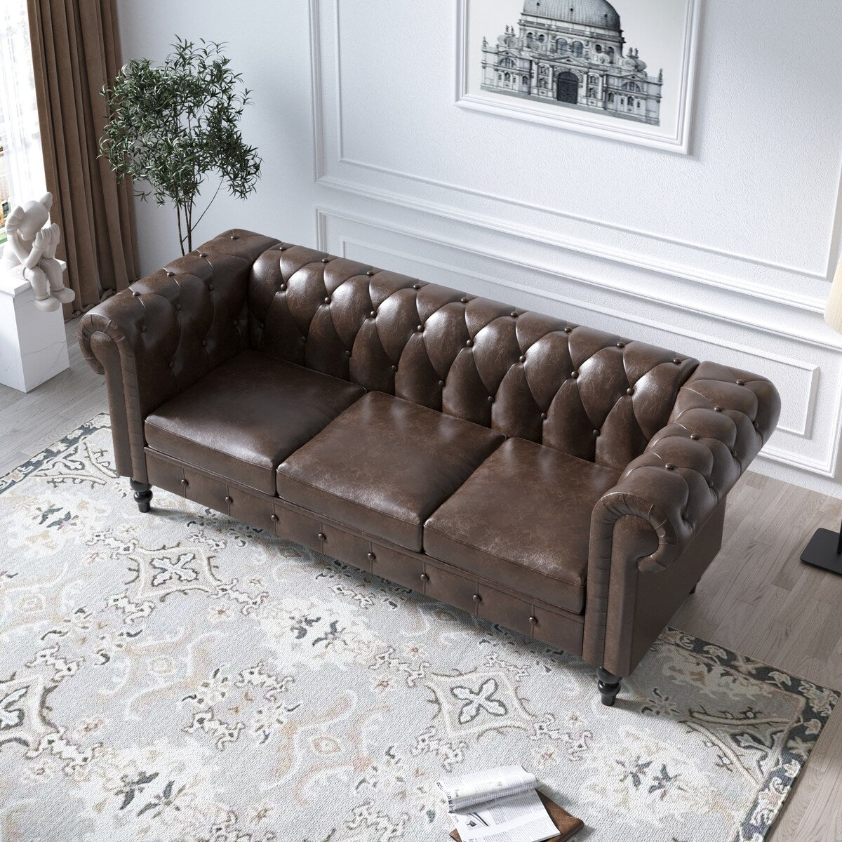 Faux Leather Upholstered Chesterfield Sofa -- 3 seats