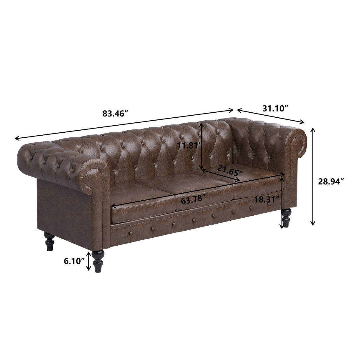 Faux Leather Upholstered Chesterfield Sofa -- 3 seats