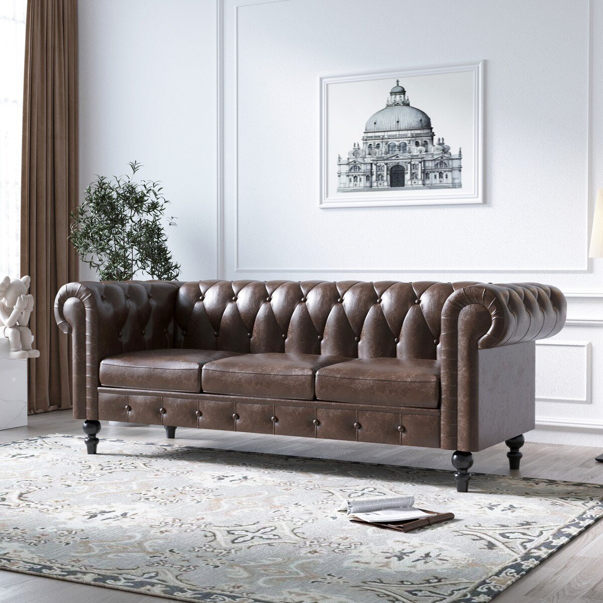 Faux Leather Upholstered Chesterfield Sofa -- 3 seats