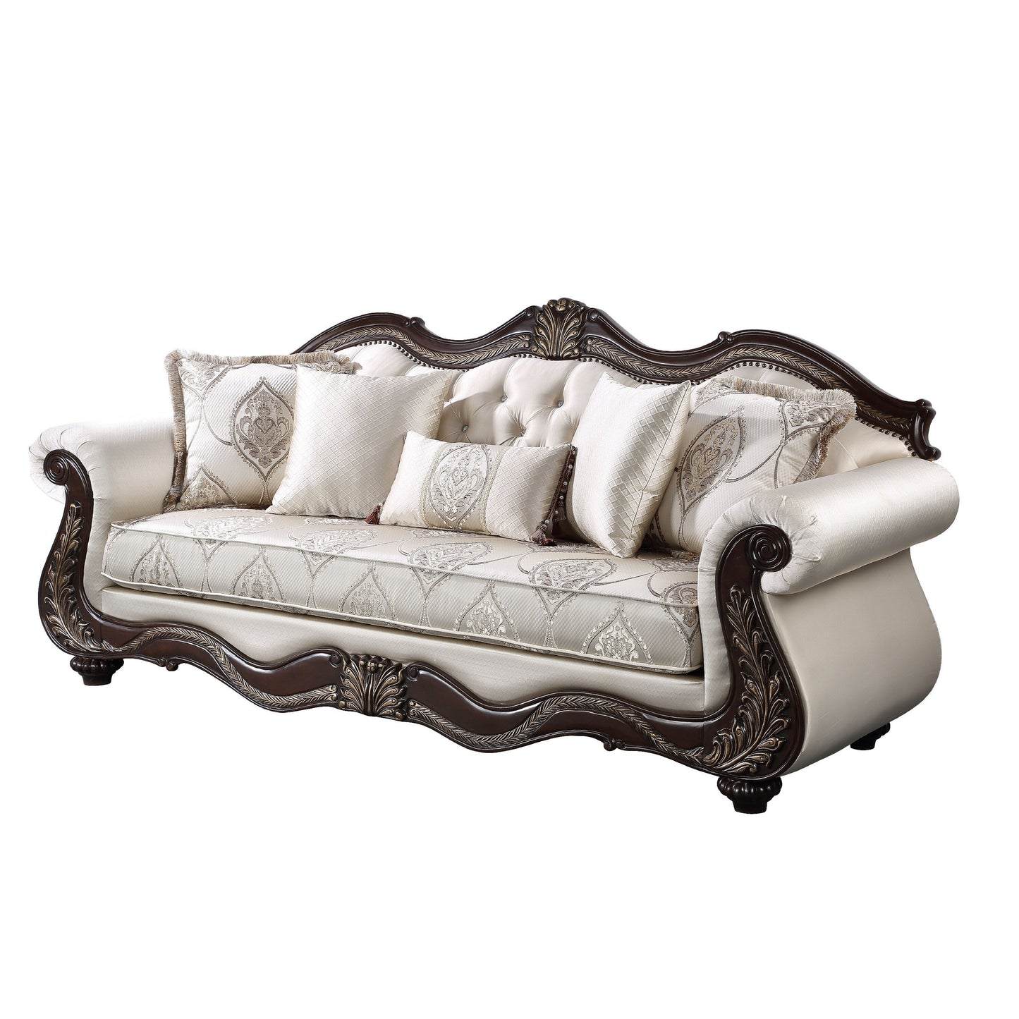 Faya Sofa, 5 Pillows, Ivory Faux Leather, Brown Solid Wood, 93 Inch