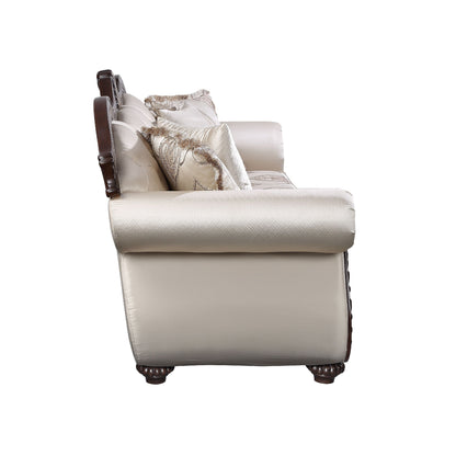 Faya Sofa, 5 Pillows, Ivory Faux Leather, Brown Solid Wood, 93 Inch