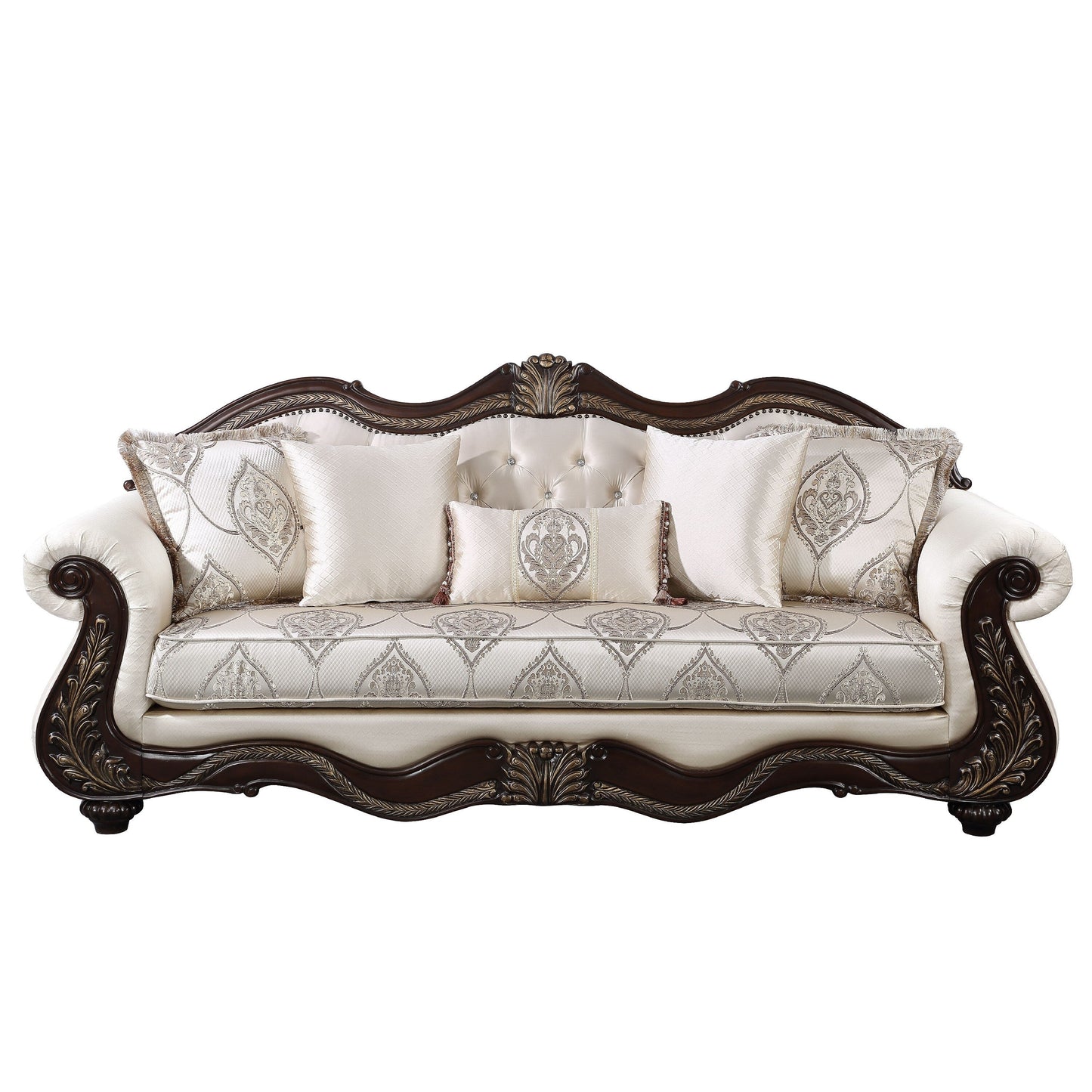 Faya Sofa, 5 Pillows, Ivory Faux Leather, Brown Solid Wood, 93 Inch