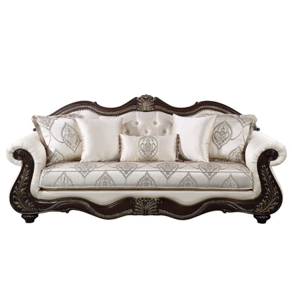 Faya Sofa, 5 Pillows, Ivory Faux Leather, Brown Solid Wood, 93 Inch