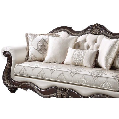 Faya Sofa, 5 Pillows, Ivory Faux Leather, Brown Solid Wood, 93 Inch
