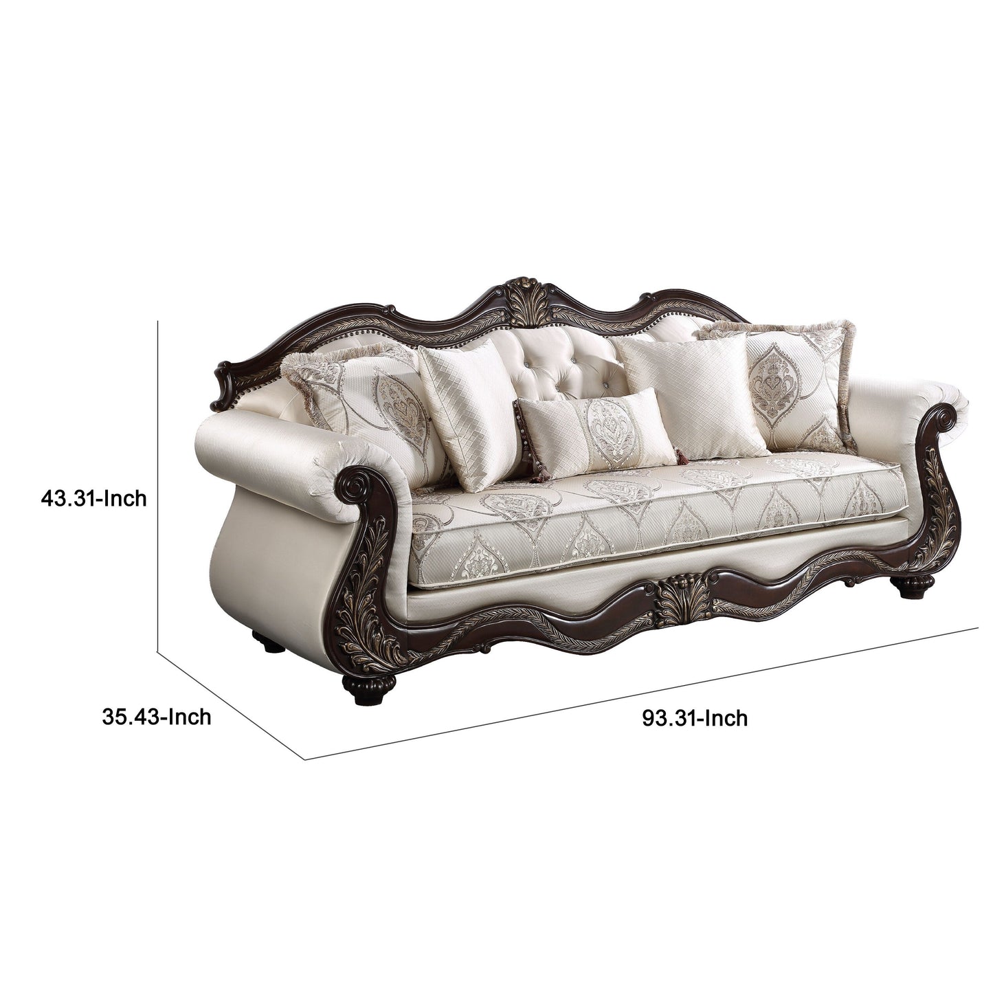 Faya Sofa, 5 Pillows, Ivory Faux Leather, Brown Solid Wood, 93 Inch