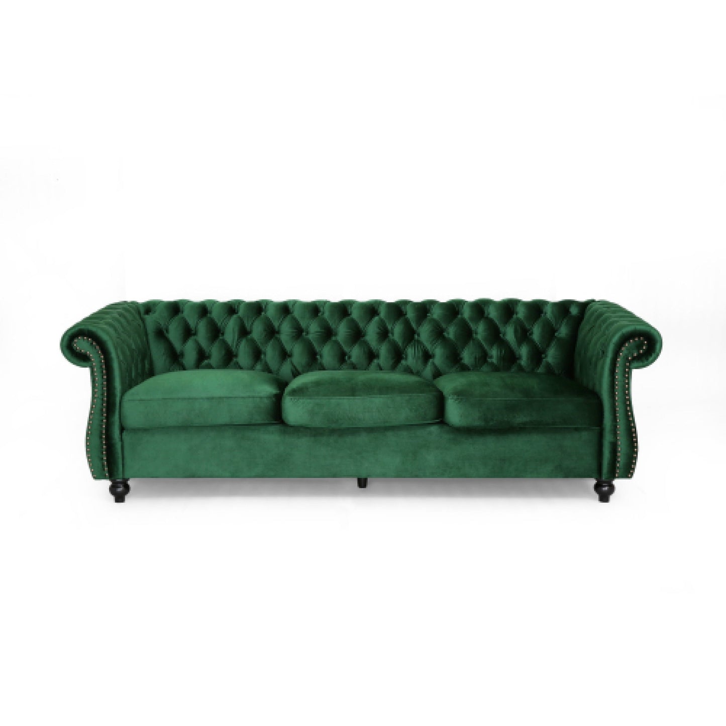 Feji Sofa, 85 Inch, Nailhead Trim, Button Tufted Emerald Green Velvet