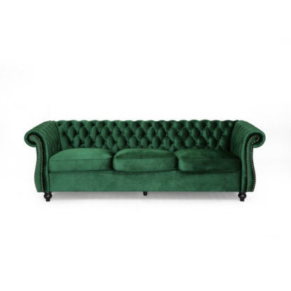 Feji Sofa, 85 Inch, Nailhead Trim, Button Tufted Emerald Green Velvet