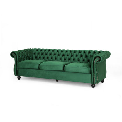 Feji Sofa, 85 Inch, Nailhead Trim, Button Tufted Emerald Green Velvet