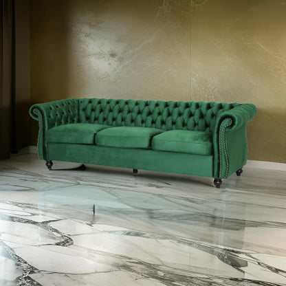 Feji Sofa, 85 Inch, Nailhead Trim, Button Tufted Emerald Green Velvet