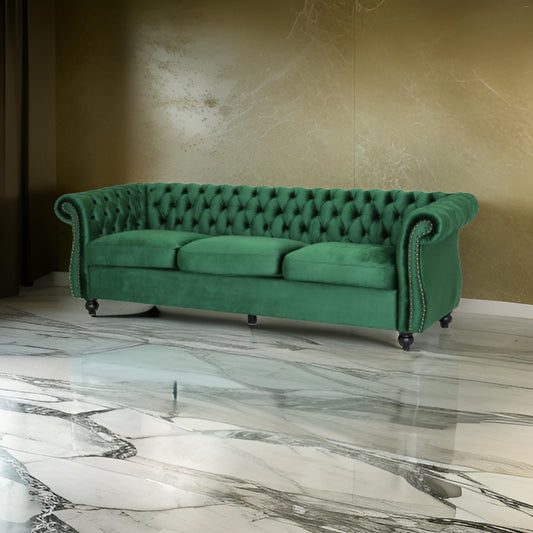 Feji Sofa, 85 Inch, Nailhead Trim, Button Tufted Emerald Green Velvet