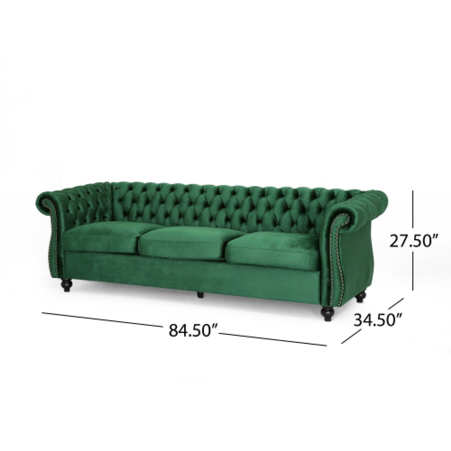 Feji Sofa, 85 Inch, Nailhead Trim, Button Tufted Emerald Green Velvet