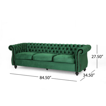 Feji Sofa, 85 Inch, Nailhead Trim, Button Tufted Emerald Green Velvet
