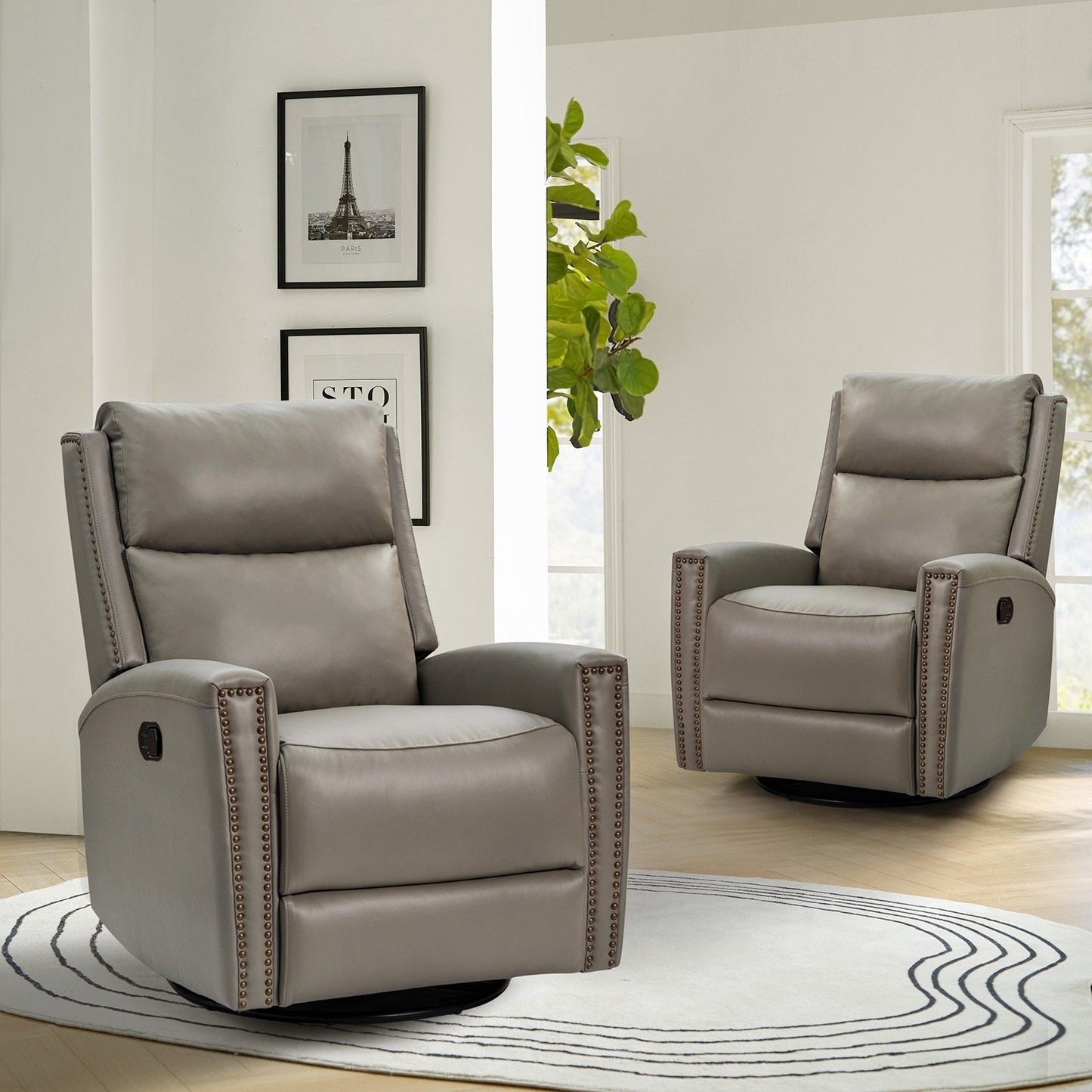 Fiacro 30.31Wide Modern Genuine Leather Wingback Swivel Rocker Recliner with Nailhead Trims, Set of 2