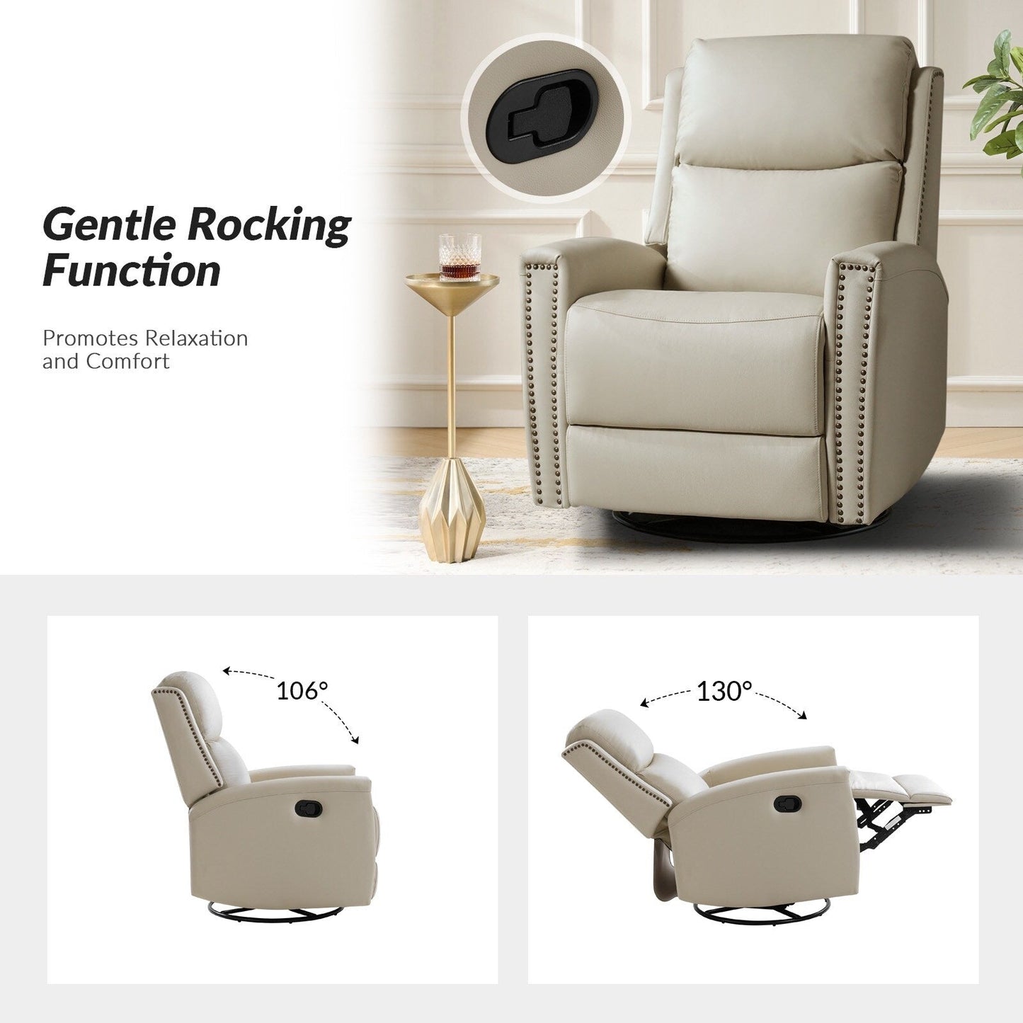 Fiacro 30.31Wide Modern Genuine Leather Wingback Swivel Rocker Recliner with Nailhead Trims