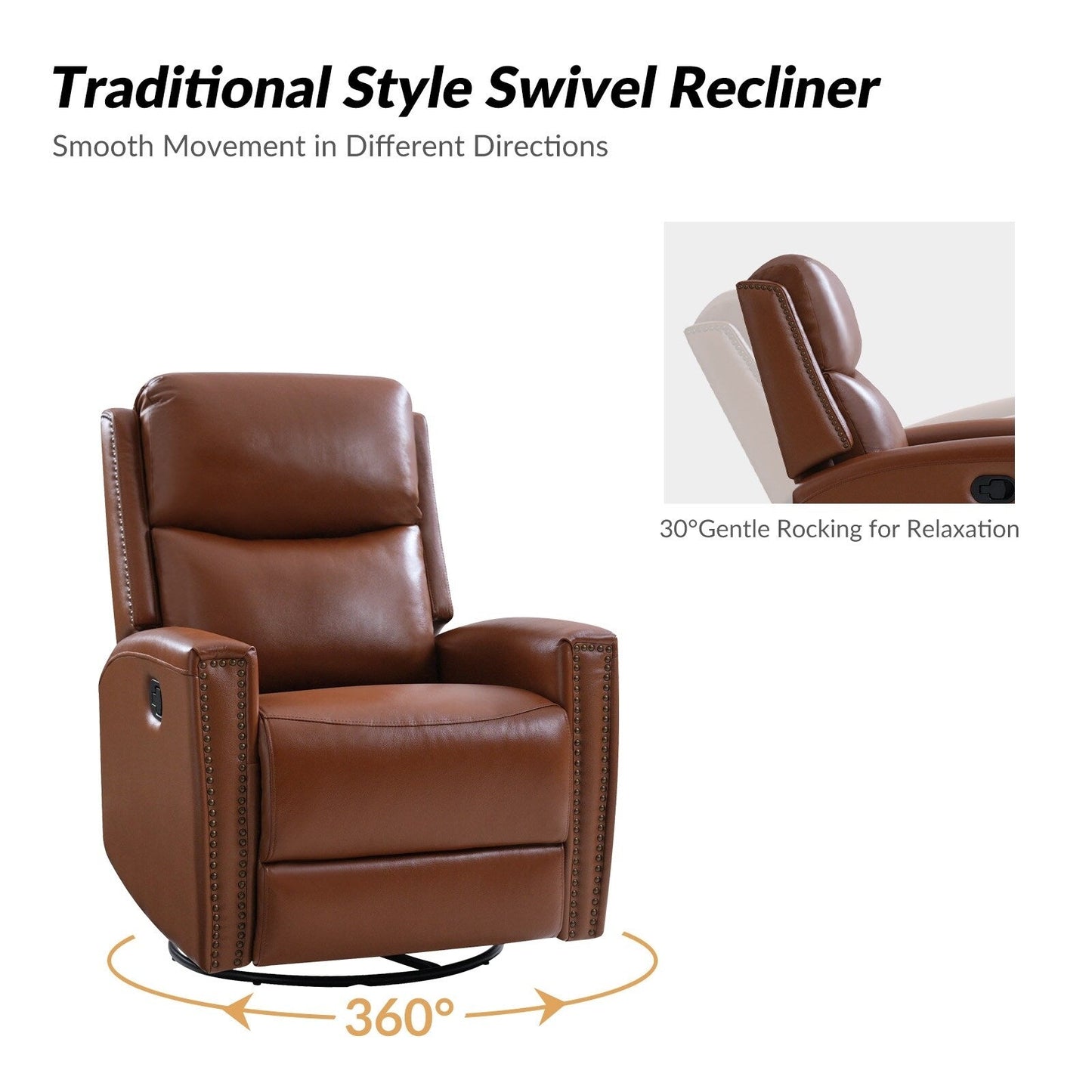 Fiacro 30.31Wide Modern Genuine Leather Wingback Swivel Rocker Recliner with Nailhead Trims