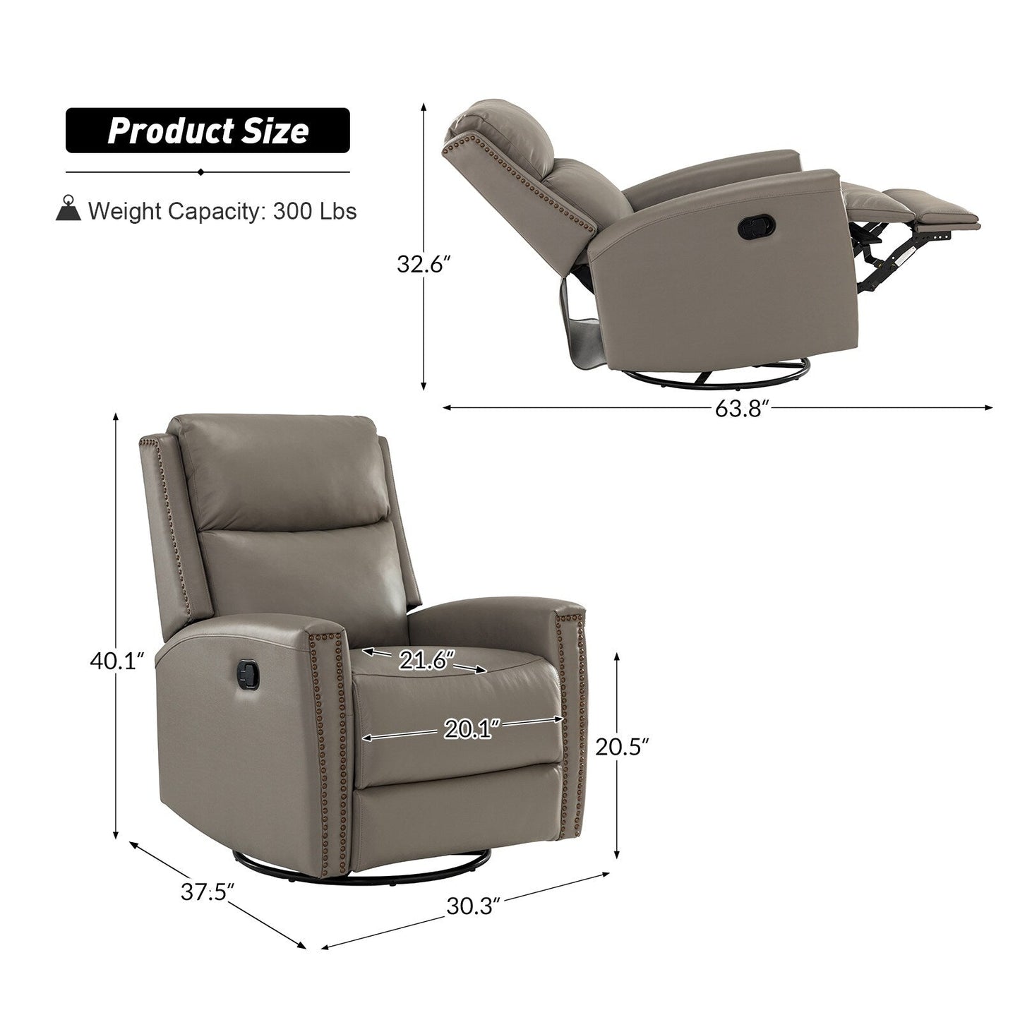 Fiacro 30.31Wide Modern Genuine Leather Wingback Swivel Rocker Recliner with Nailhead Trims