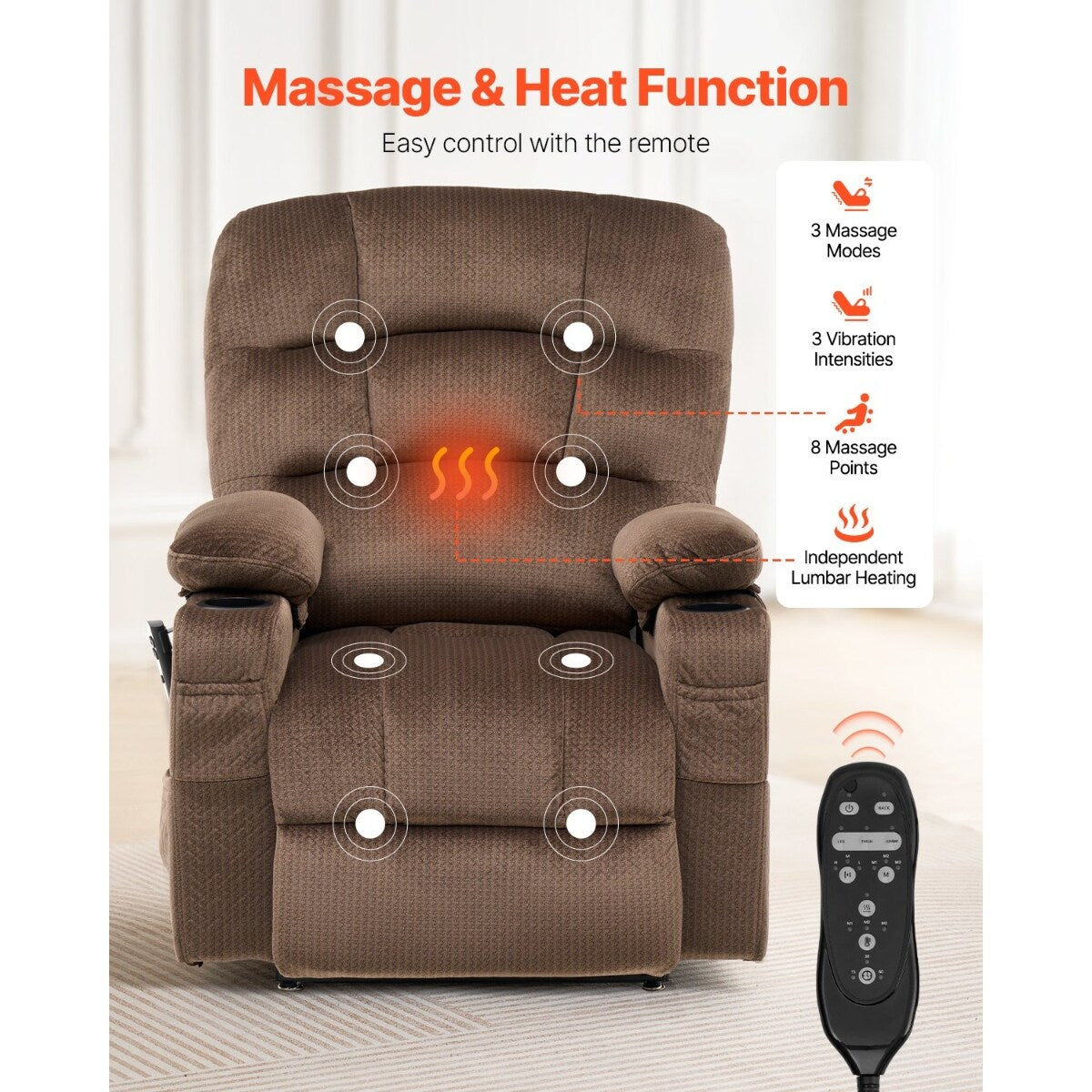 Flannelette Dual Motor Lift Chair, Massage, Heat & USB Ports