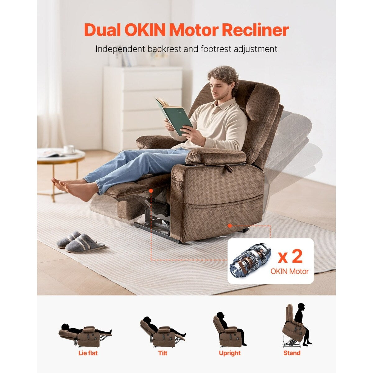 Flannelette Dual Motor Lift Chair, Massage, Heat & USB Ports