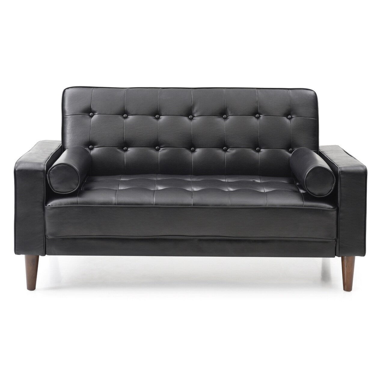 Flared Arm Faux Leather Tufted Straight Sofa with Bolster Pillows - 60 - Black