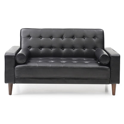 Flared Arm Faux Leather Tufted Straight Sofa with Bolster Pillows - 60 - Black