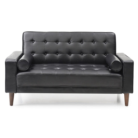 Flared Arm Faux Leather Tufted Straight Sofa with Bolster Pillows - 60 - Black