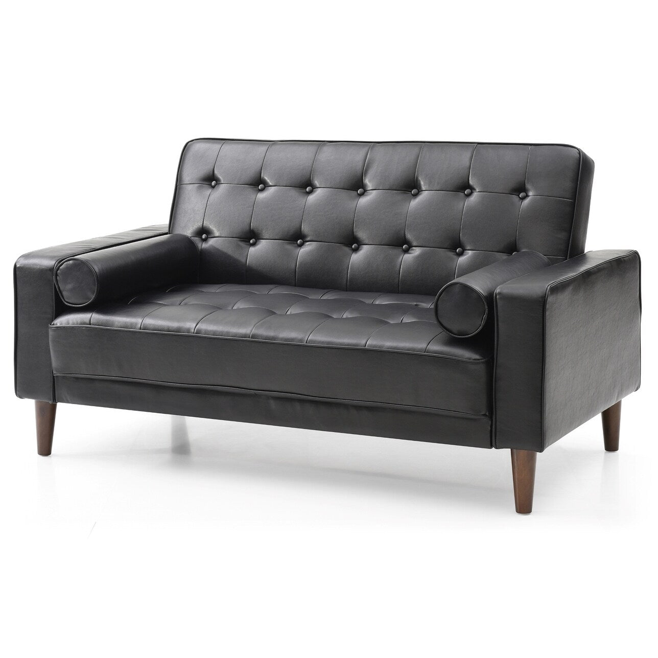 Flared Arm Faux Leather Tufted Straight Sofa with Bolster Pillows - 60 - Black