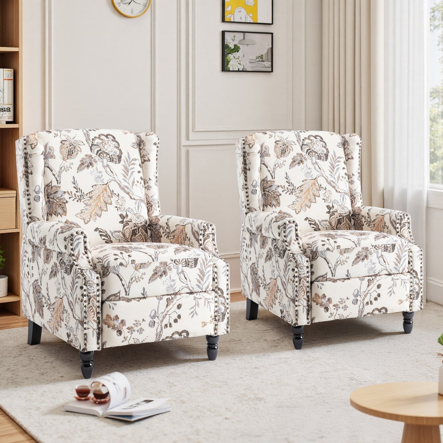 Floral Linen Manual Recliner Chair with Footrest set of 2