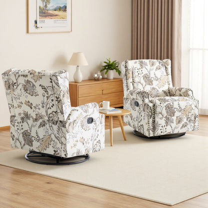 Floral Linen Manual Recliner Chair with Footrest set of 2