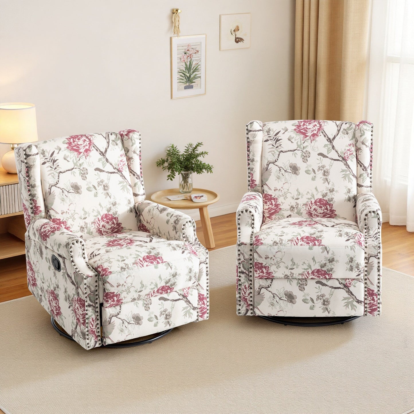 Floral Linen Manual Recliner Chair with Footrest set of 2