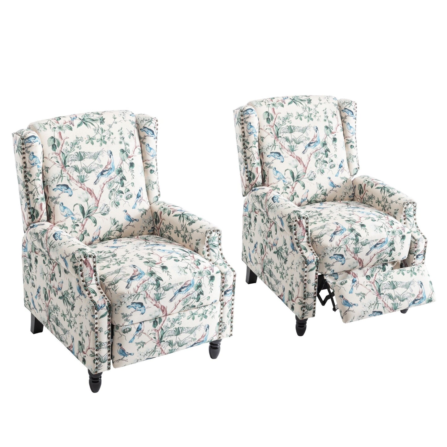 Floral Linen Manual Recliner Chair with Footrest set of 2