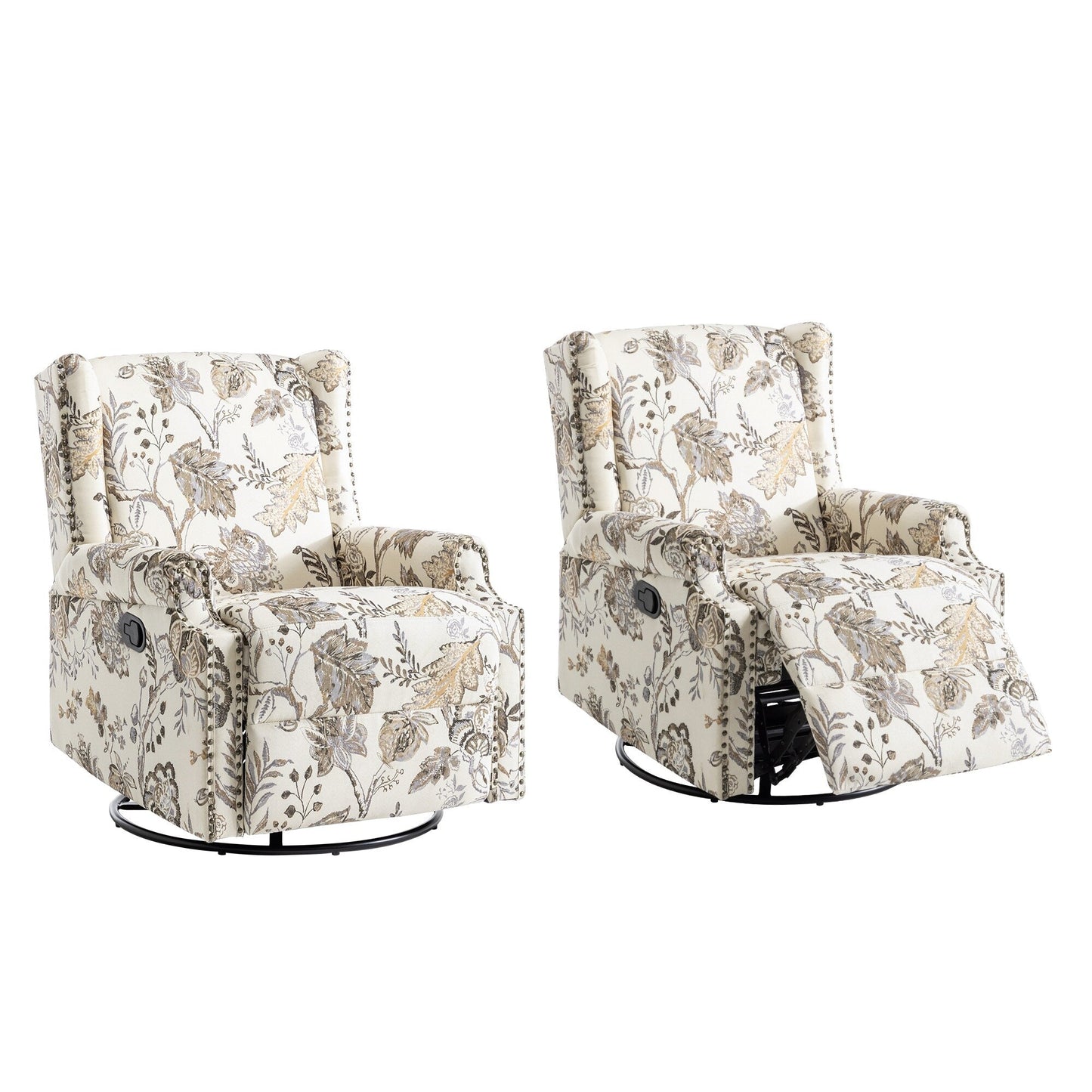 Floral Linen Manual Recliner Chair with Footrest set of 2
