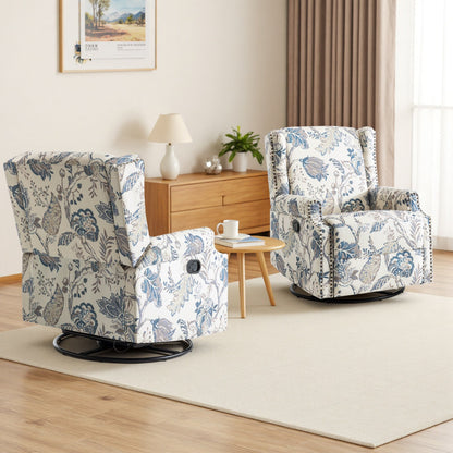 Floral Linen Manual Recliner Chair with Footrest set of 2