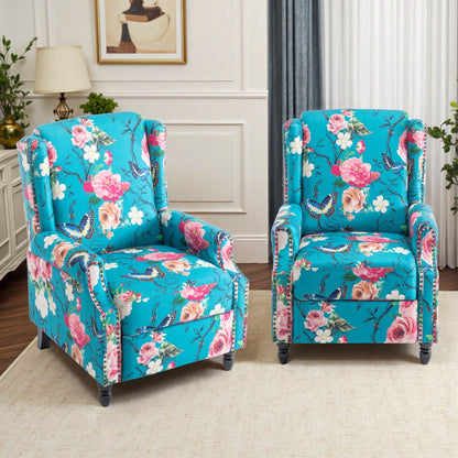 Floral Linen Manual Recliner Chair with Footrest set of 2