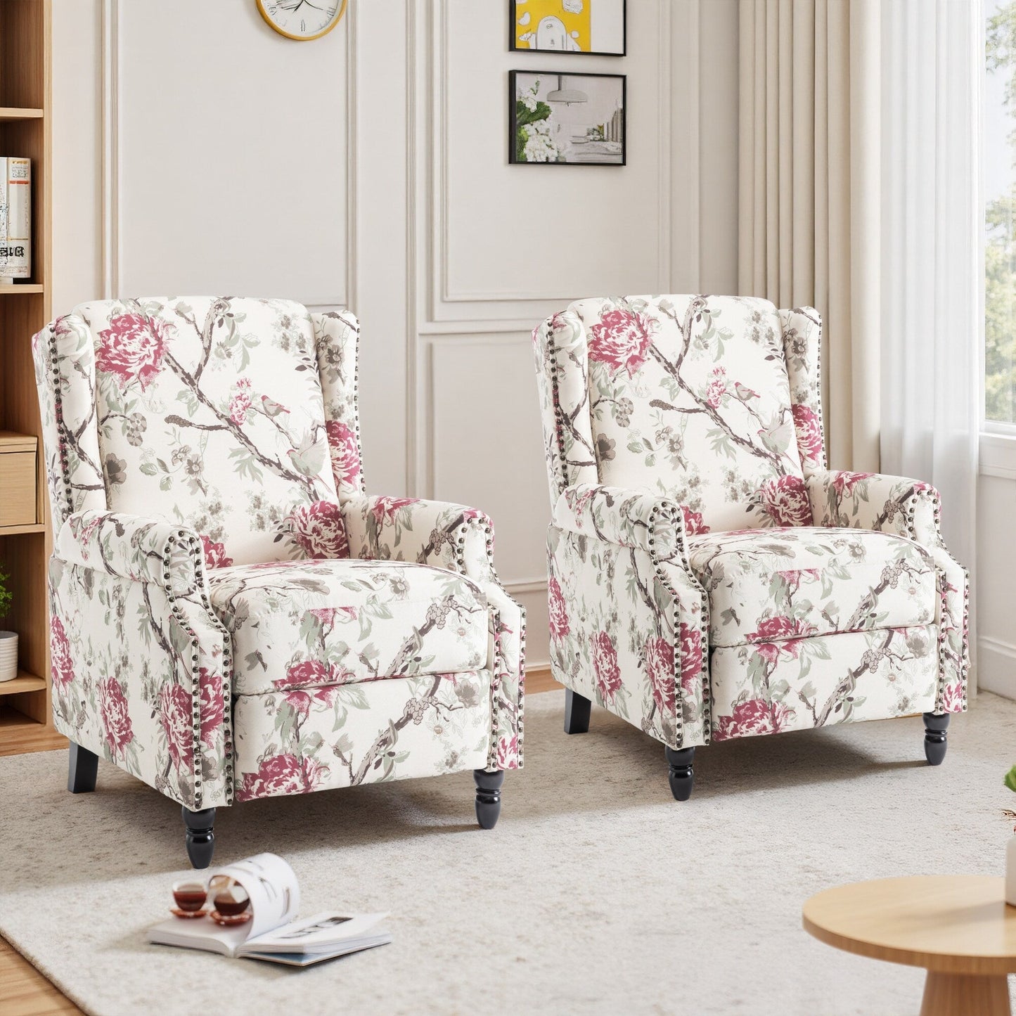 Floral Linen Manual Recliner Chair with Footrest set of 2