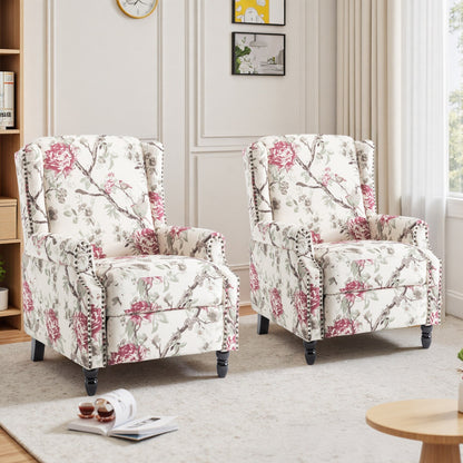 Floral Linen Manual Recliner Chair with Footrest set of 2