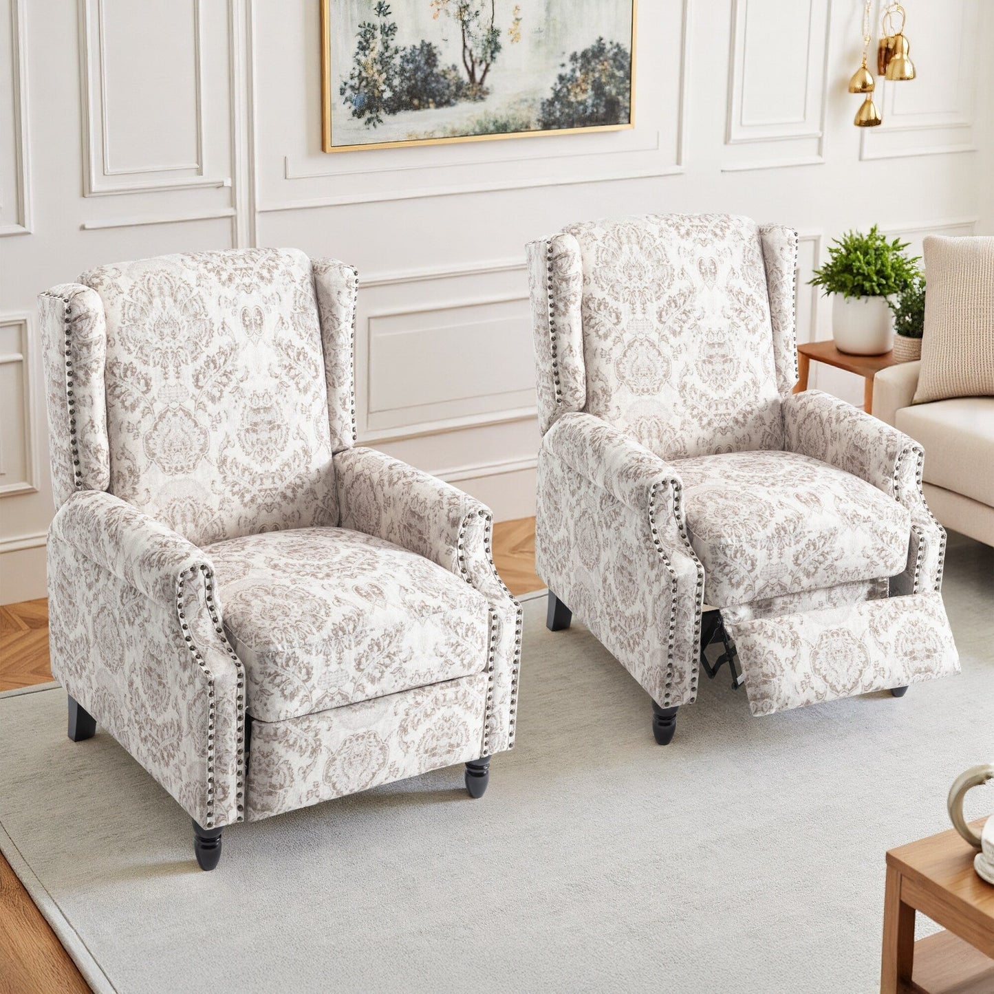 Floral Linen Manual Recliner Chair with Footrest set of 2
