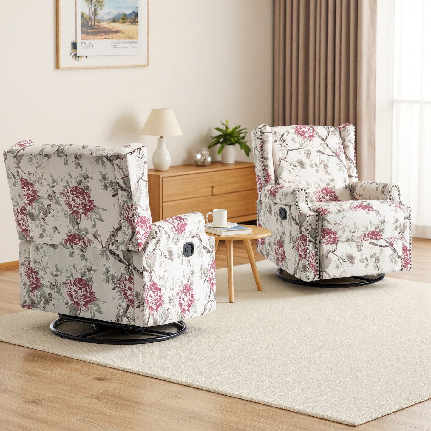 Floral Linen Manual Recliner Chair with Footrest set of 2