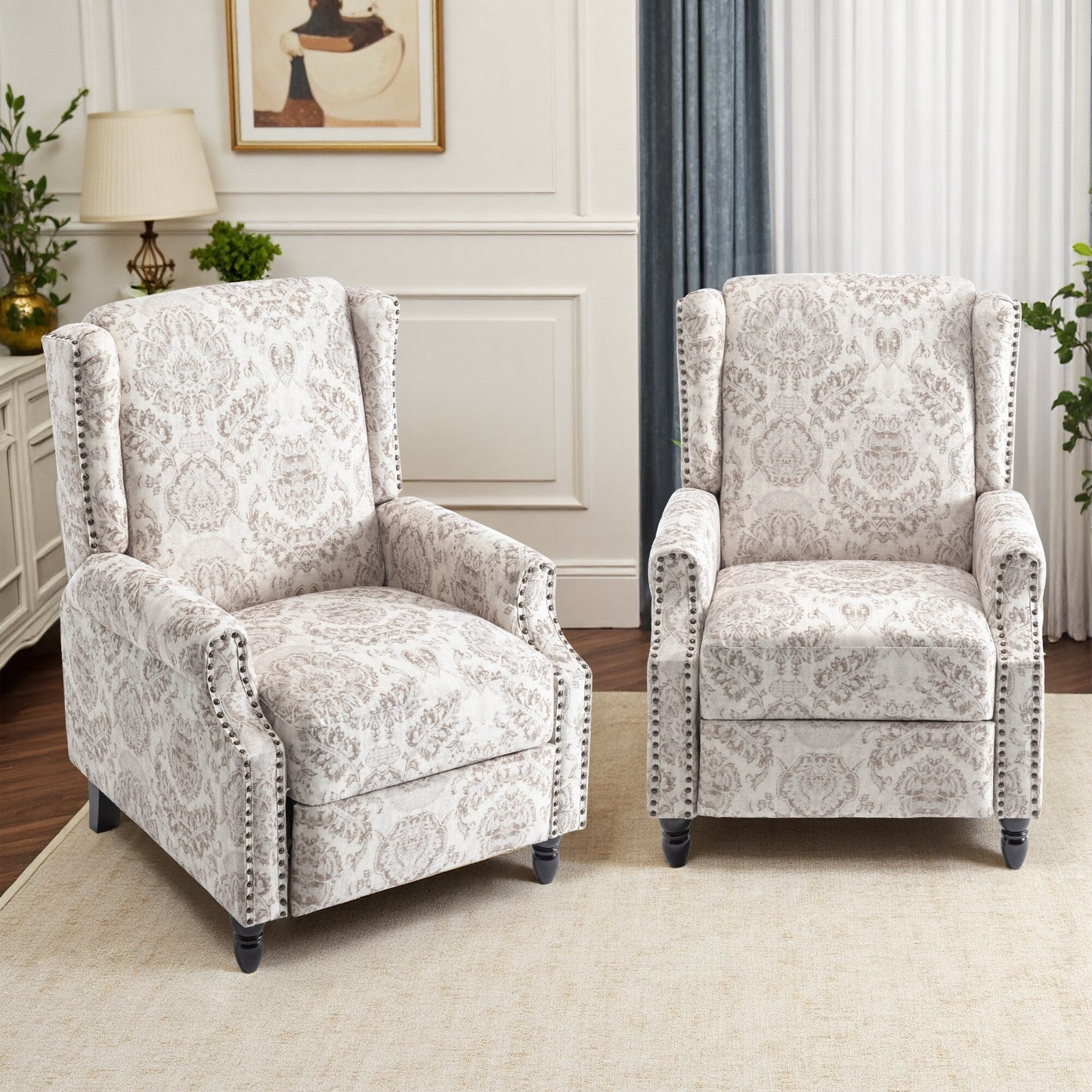 Floral Linen Manual Recliner Chair with Footrest set of 2