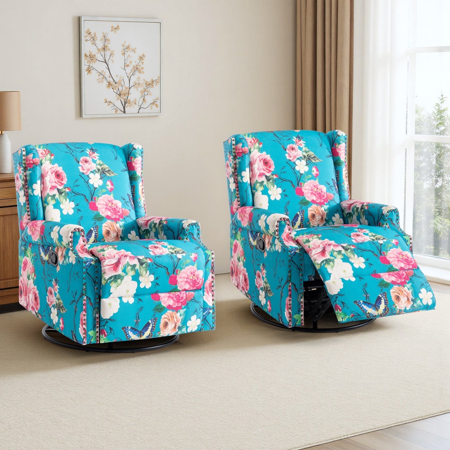 Floral Linen Manual Recliner Chair with Footrest set of 2