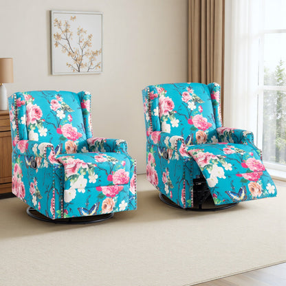 Floral Linen Manual Recliner Chair with Footrest set of 2