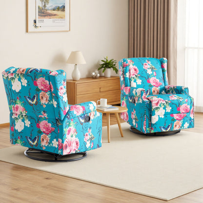 Floral Linen Manual Recliner Chair with Footrest set of 2
