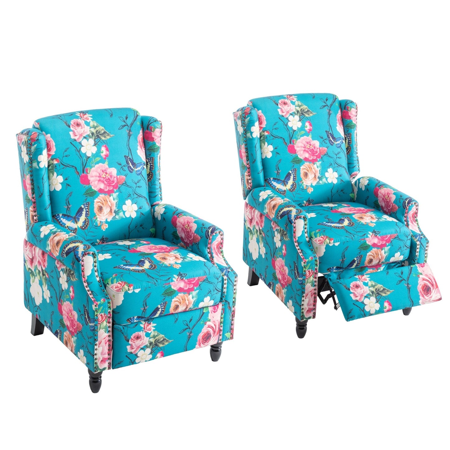 Floral Linen Manual Recliner Chair with Footrest set of 2