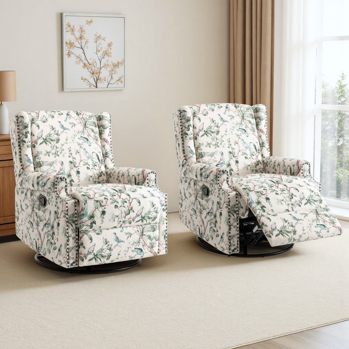 Floral Linen Manual Recliner Chair with Footrest set of 2