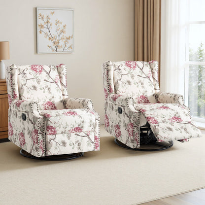 Floral Linen Manual Recliner Chair with Footrest set of 2